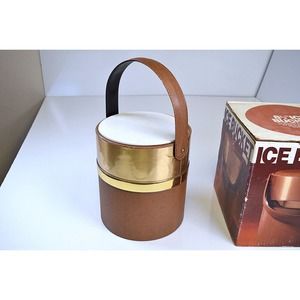 Vintage 8.5" Ice Bucket with Original Box MCM 1970s? Brown/Gold Unbranded